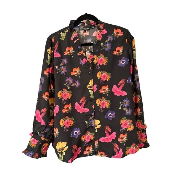 Tolani Collection Women's Cleo Button Front Floral Ruffle Top Size 2 Black NWT - Picture 2 of 7